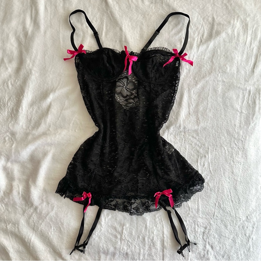 Black and Pink Bow Lace Corset Top